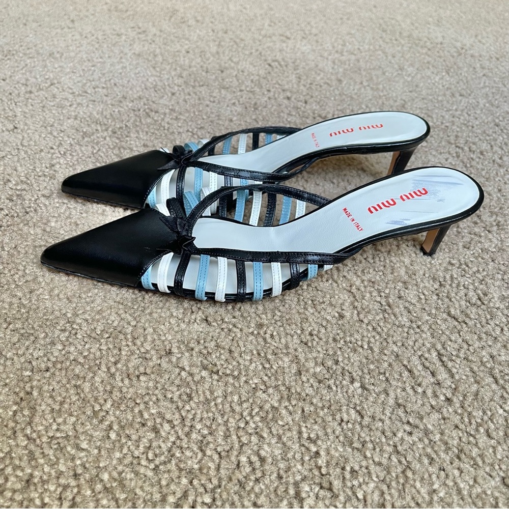 Miu Miu Blue/Black Leather Low Heeled Slides Sz 37 - image 3